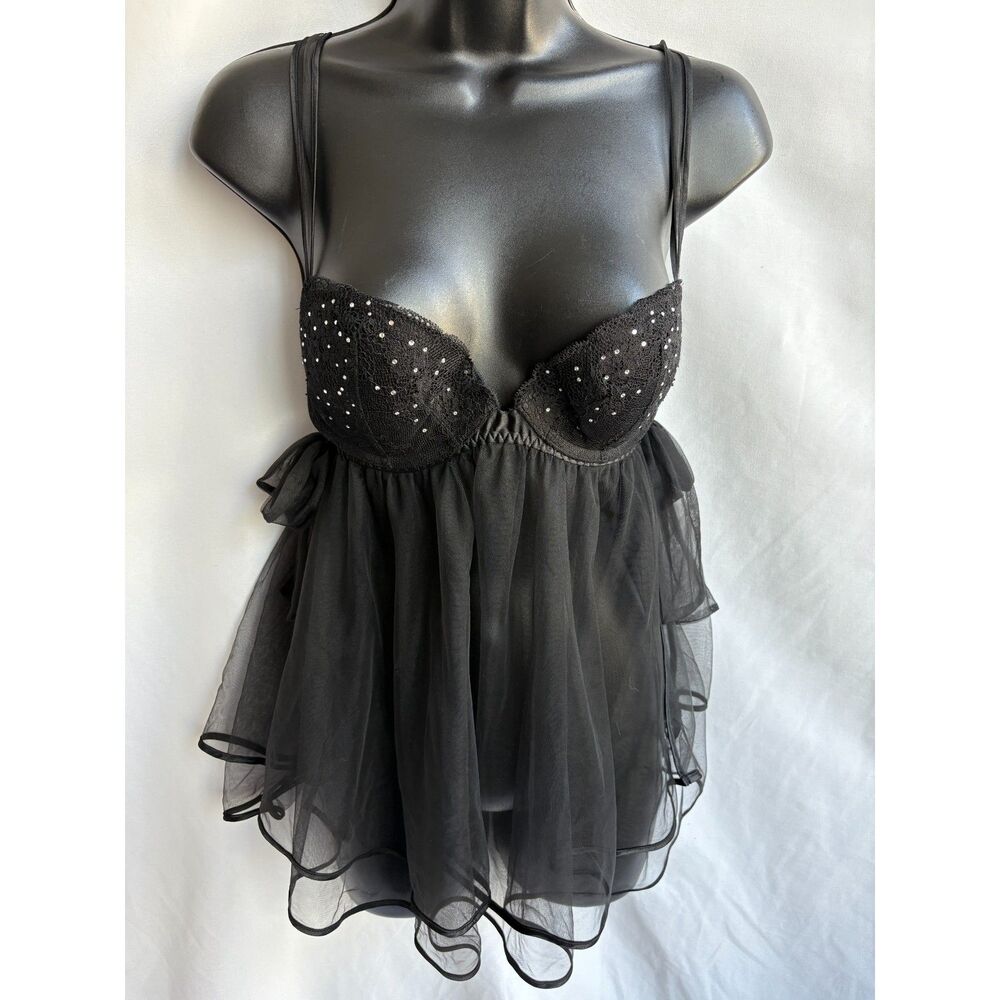 Victorias Secret Lingerie Babydoll Teddy Lace Rhinestones 34C Black Underwire